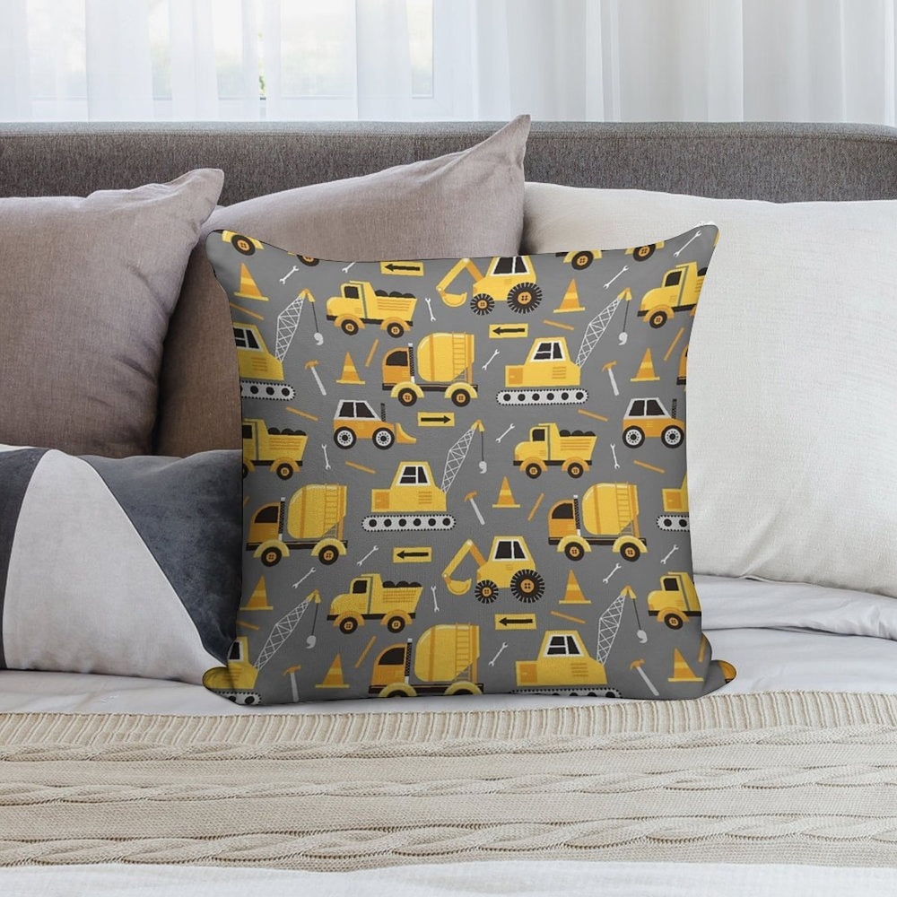 Construction Trucks on Gray Soft Short Plush Fabric Throw Pillow