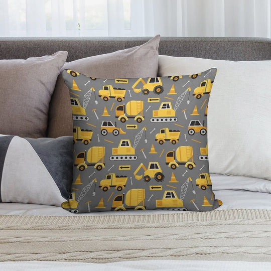 Construction Trucks on Gray Soft Short Plush Fabric Throw Pillow