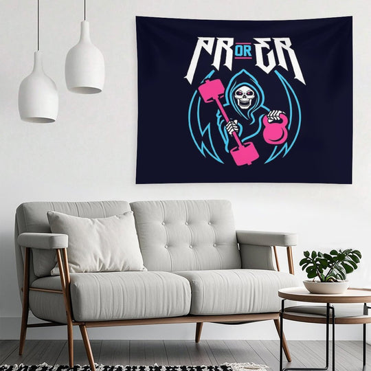 PR Or ER (Gym Reaper Kettlebell & Barbell) Funny Gym Ego Lifting Tapestry