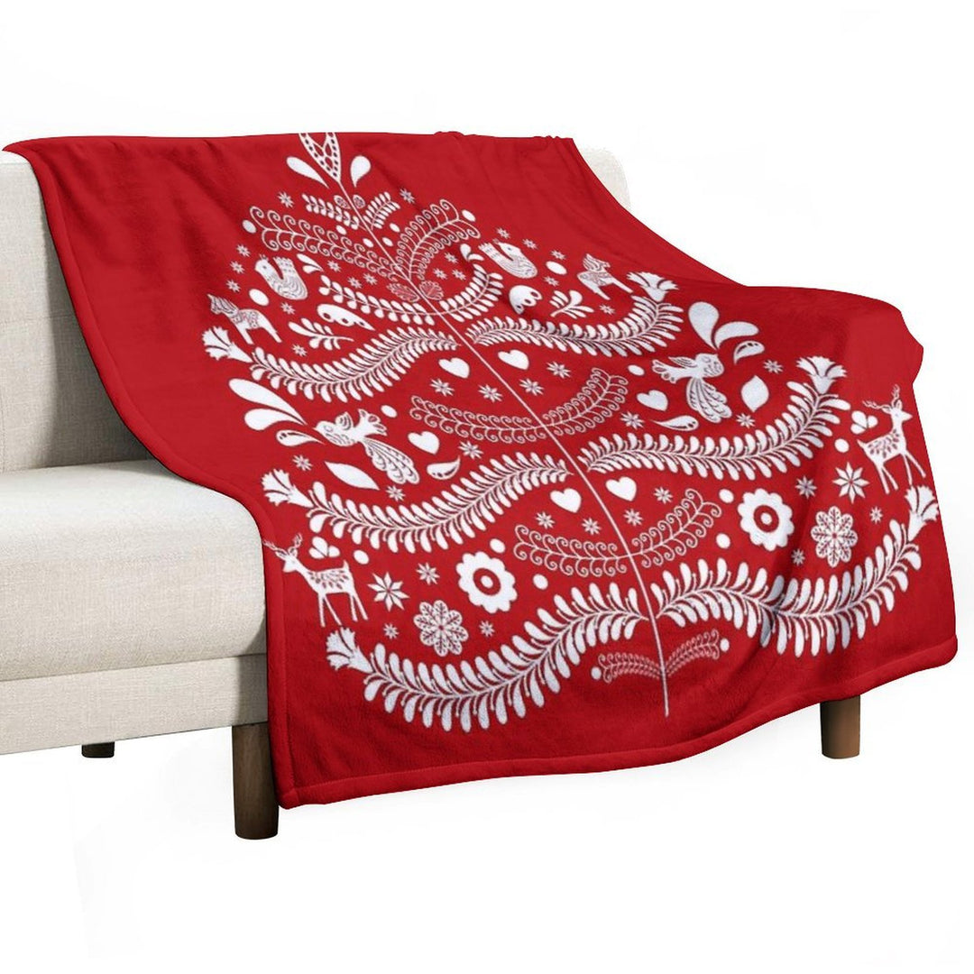White Scandinavian Christmas Tree on Red Versatility Throw Blanket