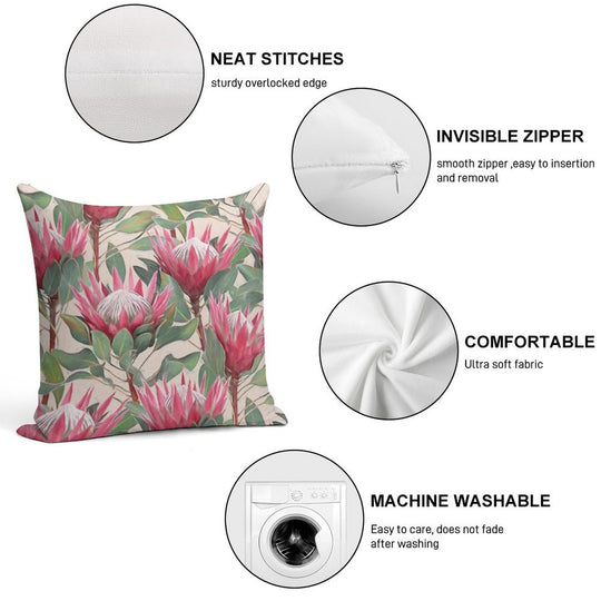 Painted King Proteas on Cream Soft Shrink-Resistant Throw Pillow