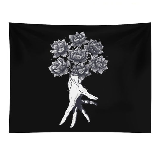 Hand with Lotuses on Black Tapestry