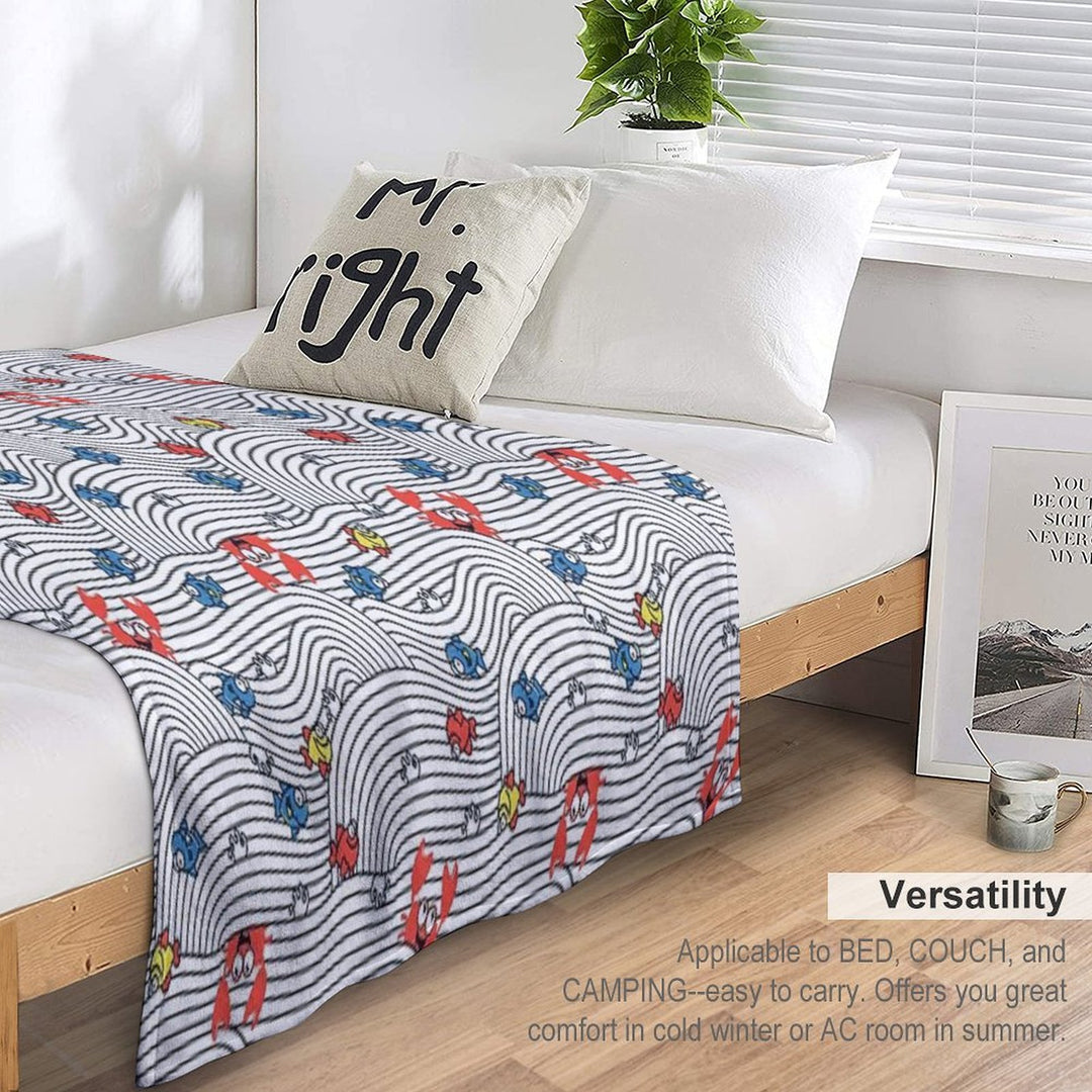Grafic Waves from Stripes with Fish And Crabs. Sea Seamless Pattern. Plush Throw Blanket