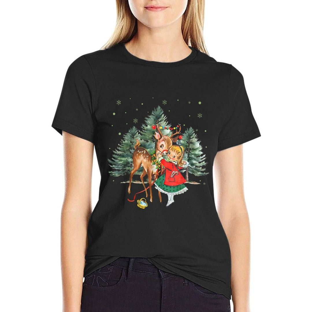Vintage Girl And Reindeer Retro 1950s Christmas  Soft T-Shirt
