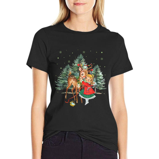 Vintage Girl And Reindeer Retro 1950s Christmas  Soft T-Shirt