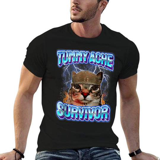 Tummy Ache Survivor Cat Meme Funny Saying Cats Animals  Eco-friendly Material T-Shirt