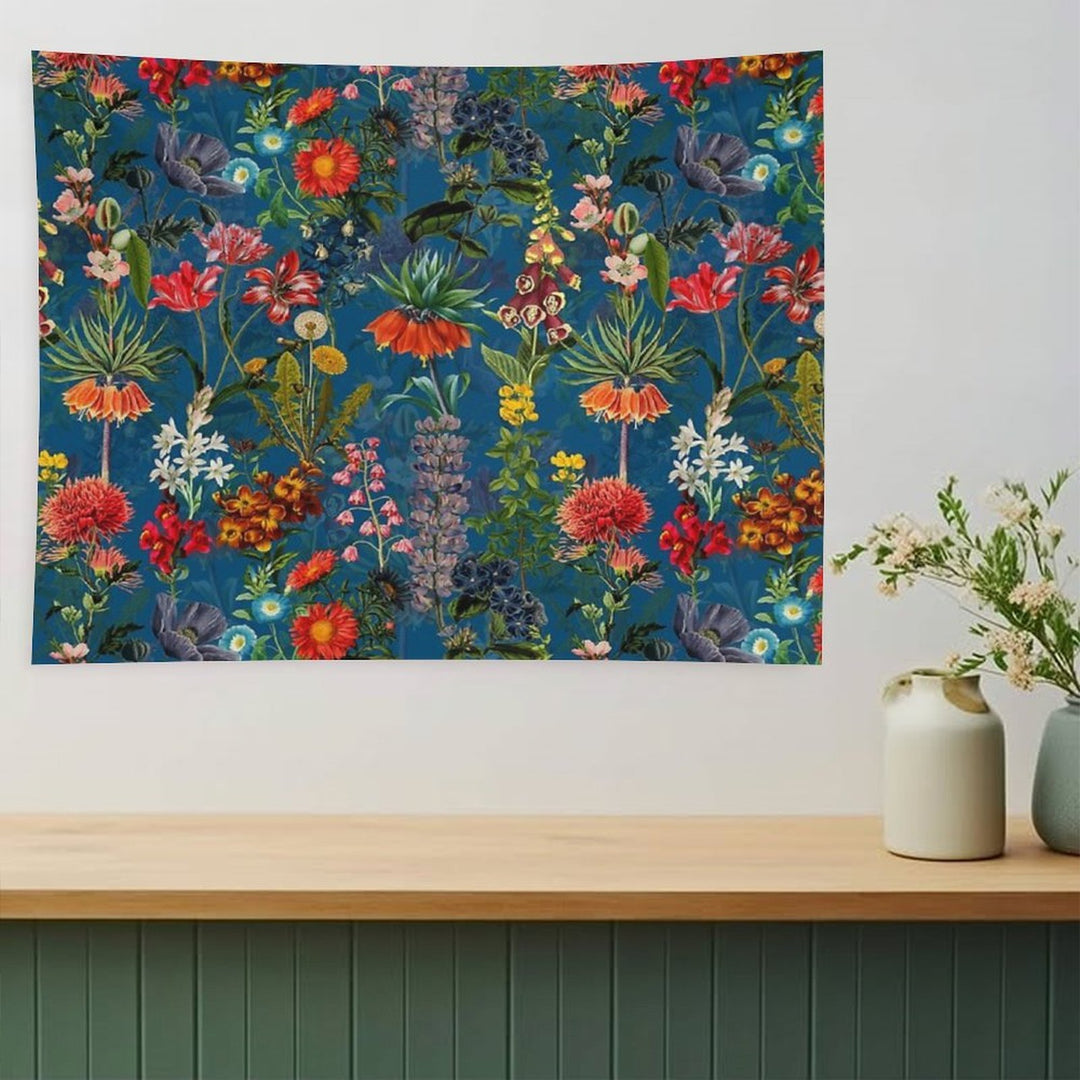 Vintage Blue Springflower Meadow Botanical Night Garden Tapestry