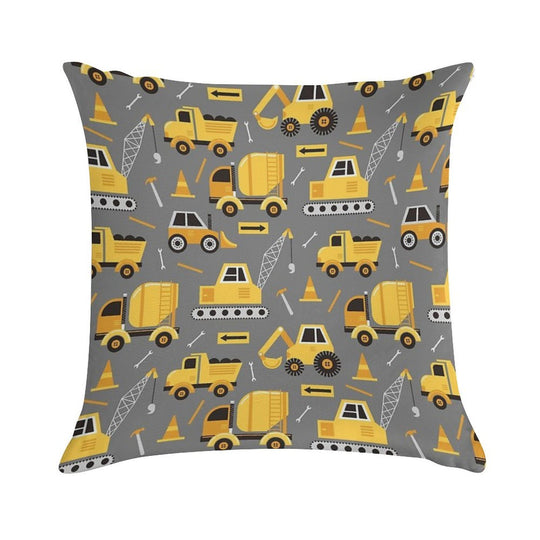 Construction Trucks on Gray Soft Short Plush Fabric Throw Pillow