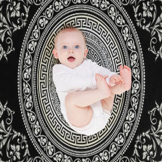 Greek Key Meander Black Cream Ornate Medallion Machine-washable Throw Blanket