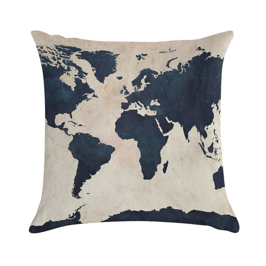 World Map Distressed Navy Soft High-Density Material Throw Pillow