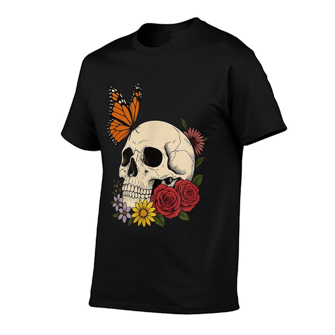 Skulls Monarch Butterfly Flowers Halloween Men Women  Classic T-Shirt