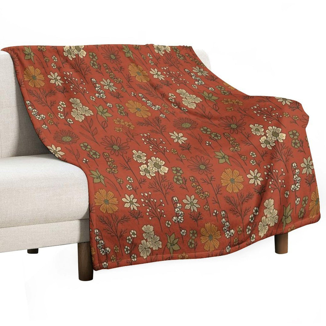 Burnt Orange & Olive Green Floral Comfort Throw Blanket