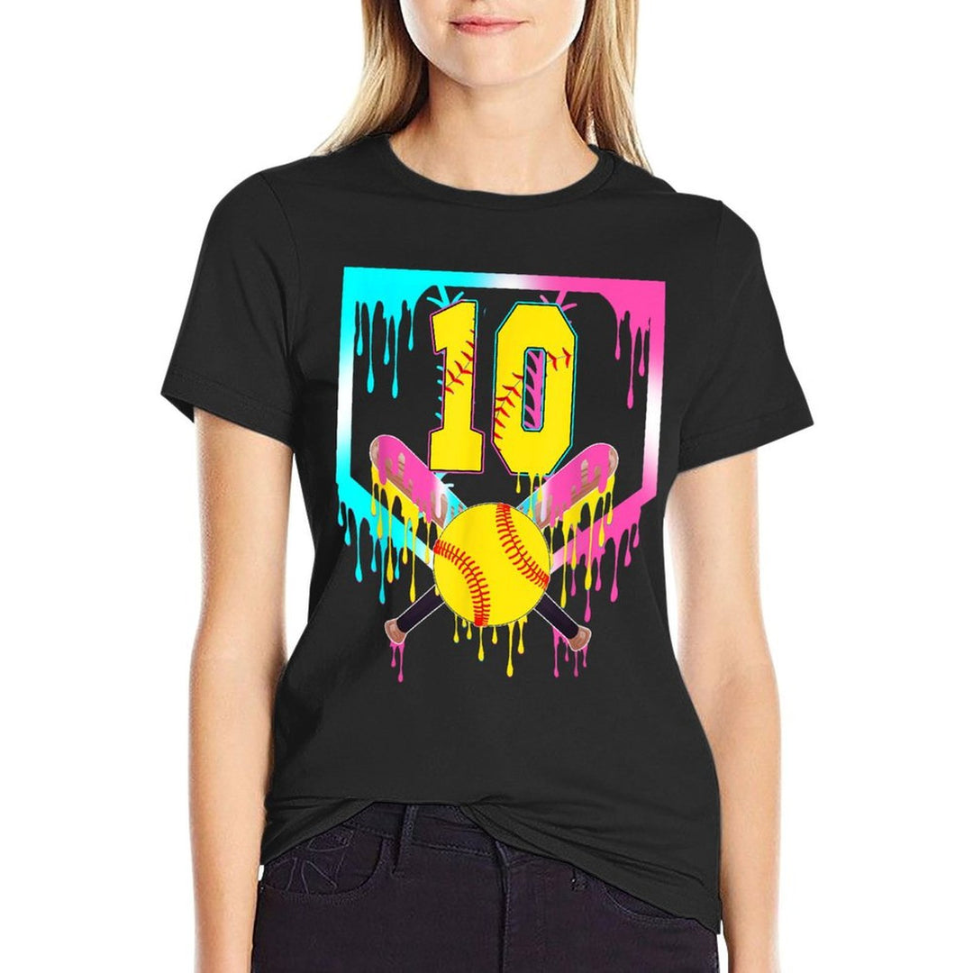10th Bday Softball Home Plate Drip Ice Cream 10 Year Old  Ribbed Collar T-Shirt