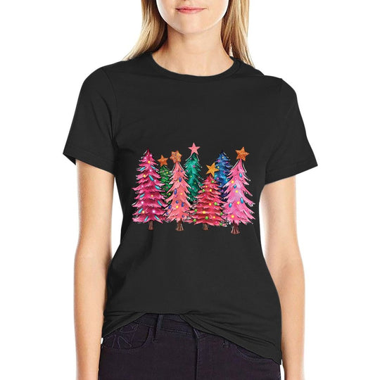Cute Christmas With Pink Trees Xmas Costume Womens Girls  Trendy Pattern T-Shirt