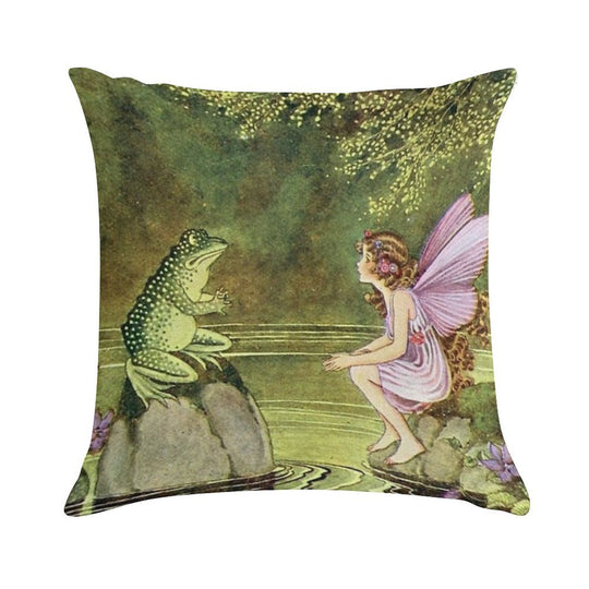 Frog And Fairy Talking -Ida Rentoul Outhwaite Soft Reinforced Edging Throw Pillow