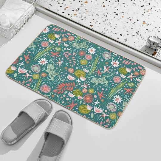 Frog And Dragonfly Floral Design  Easy To Clean Bath Mat