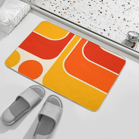 Retro Geometric Design 687 Red Orange Yellow And Beige  Easy Maintenance Bath Mat