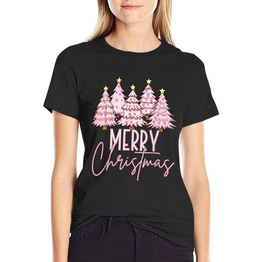 Pink Christmas Tree Merry And Bright Christmas Tree  Cotton T-Shirt