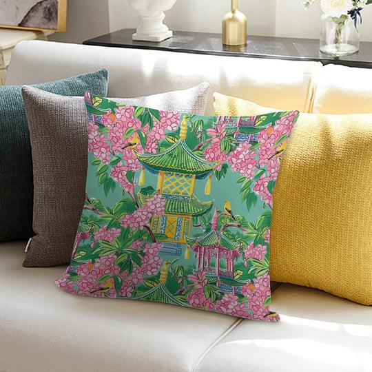 Preppy Pink Chinoiserie Pagodas And Cherry Blossom on Green Soft Easy Maintenance Throw Pillow