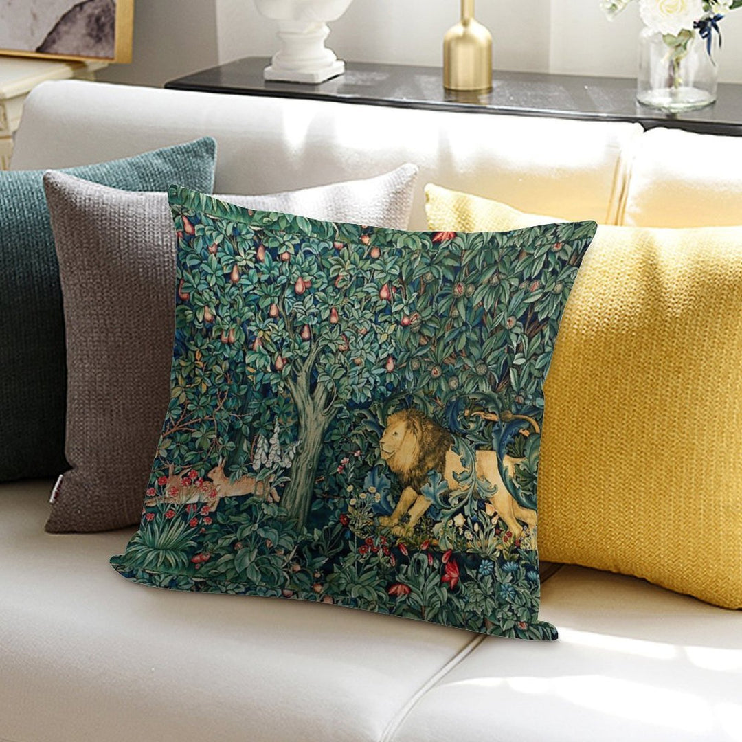GREENERY, FOREST ANIMALS Lion And Hares Blue Green Floral Tapestry Soft Warmth Comfort Throw Pillow