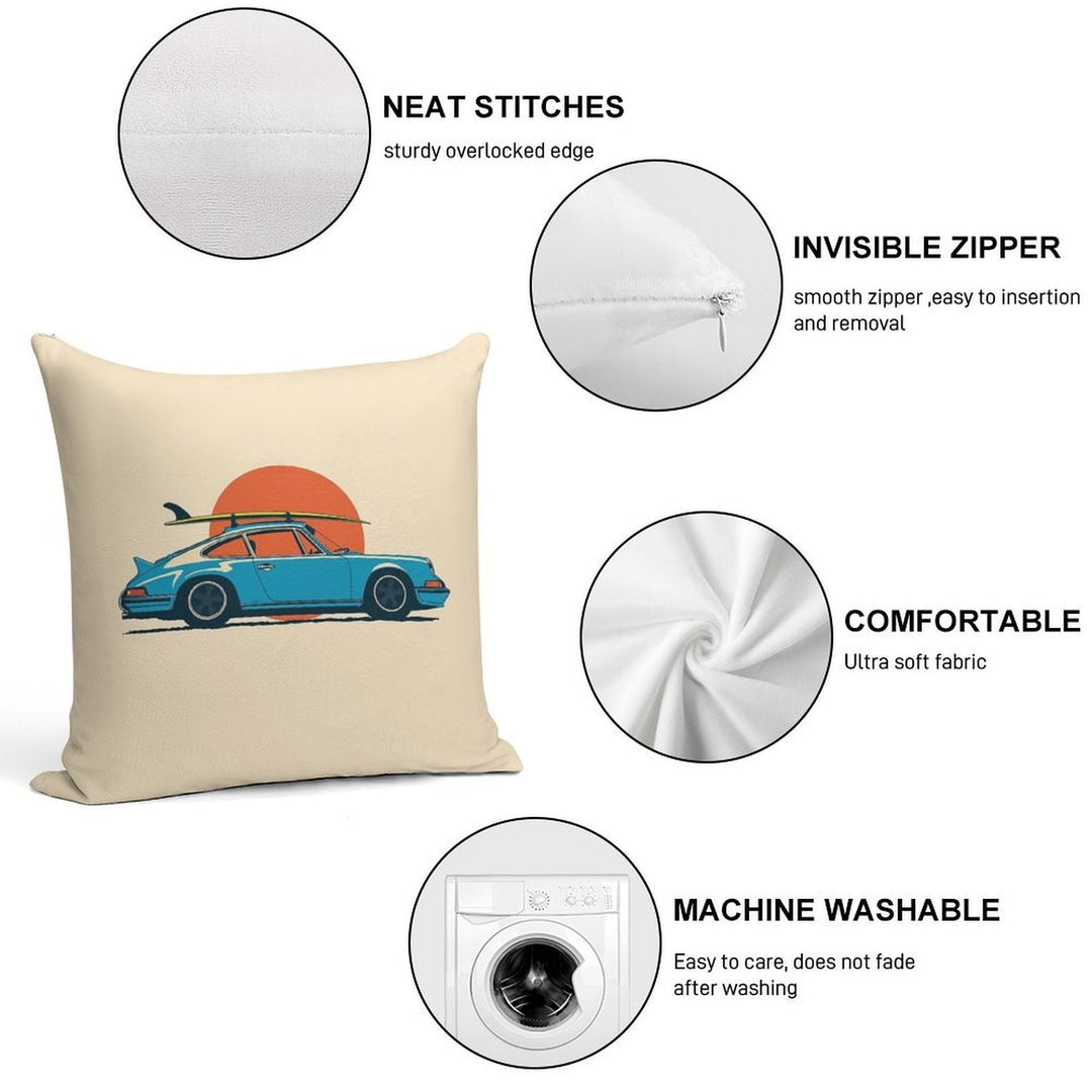 Vintage Blue Porsche 911 964 RS Summer Surfs Up Illustration Soft Durable Construction Throw Pillow