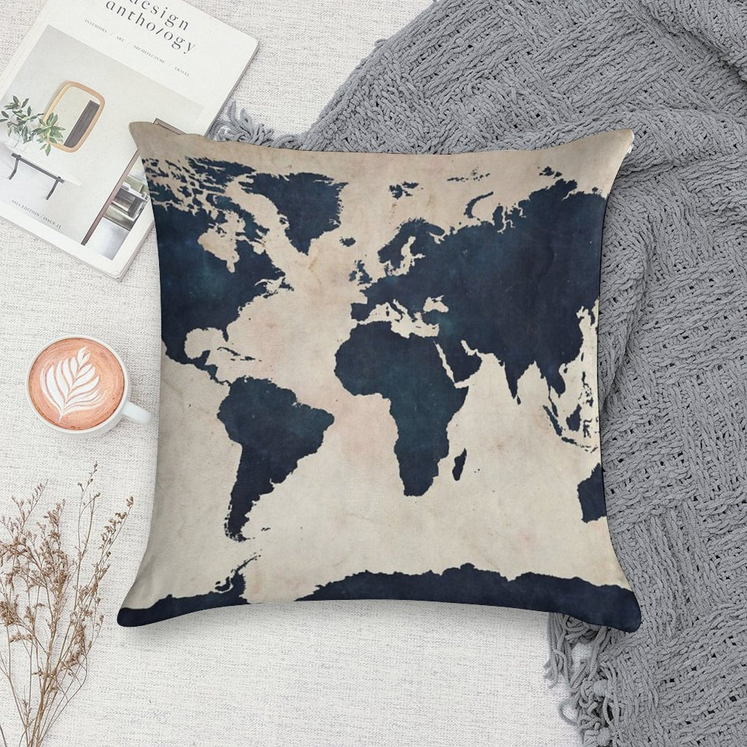 World Map Distressed Navy Soft High-Density Material Throw Pillow