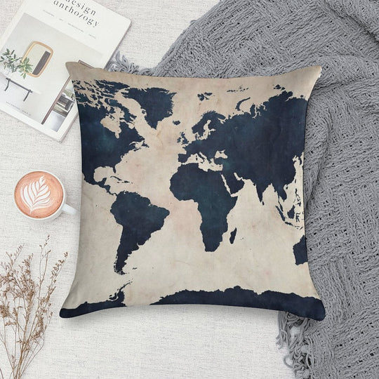 World Map Distressed Navy Soft High-Density Material Throw Pillow