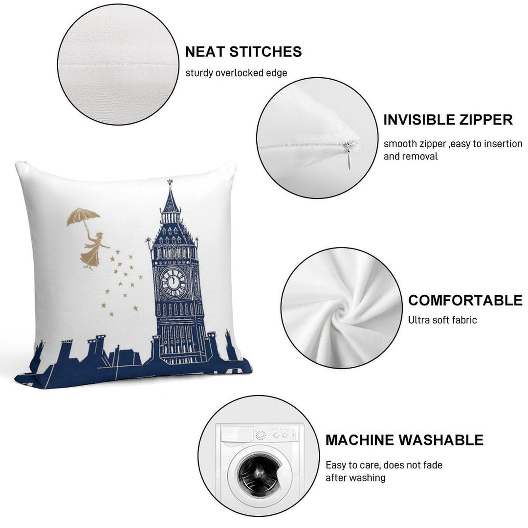 Mary Poppins And Big Ben Linocut Soft Hidden Zipper Throw Pillow