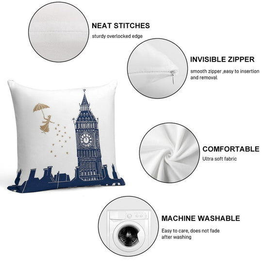 Mary Poppins And Big Ben Linocut Soft Hidden Zipper Throw Pillow