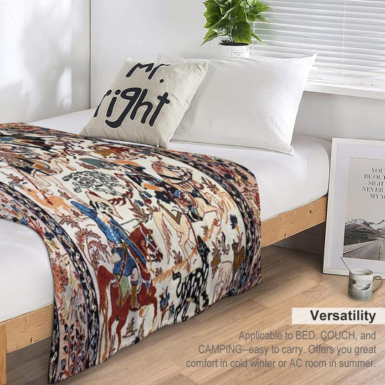 Blue Antique Persian Isfahan Silk Rug with Flowers Animals Print Anti-pilling Throw Blanket