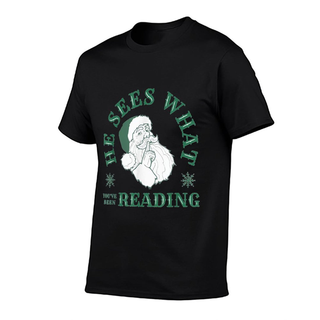 He Sees What Youve Been Reading Funny Bookish Christmas  Rolled Sleeves T-Shirt