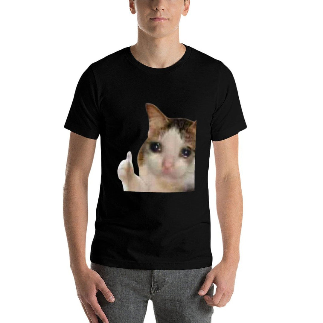 Thumbs Up Crying Cat Meme  Heathered Texture T-Shirt