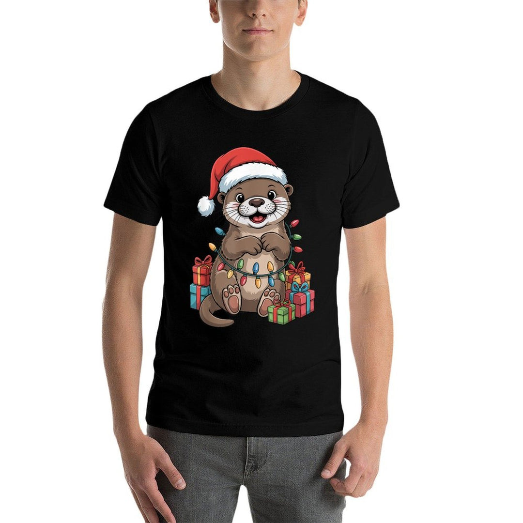 Funny Otter Santa Hat Animals Lovers Ugly Christmas Pajamas  Easy-care T-Shirt