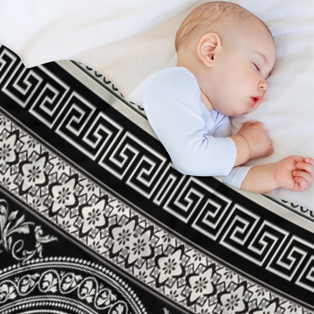 Greek Key Meander Black Cream Ornate Medallion Machine-washable Throw Blanket