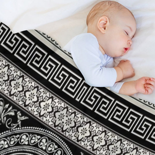 Greek Key Meander Black Cream Ornate Medallion Machine-washable Throw Blanket