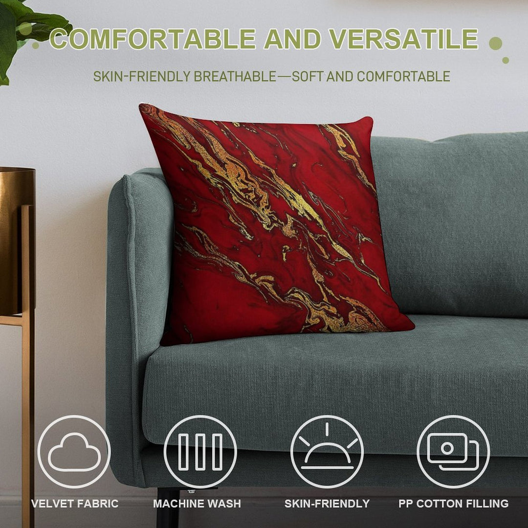 Faux Fire Red And Gold Marble Soft Durable Construction Throw Pillow