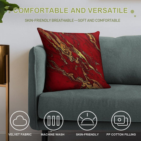 Faux Fire Red And Gold Marble Soft Durable Construction Throw Pillow