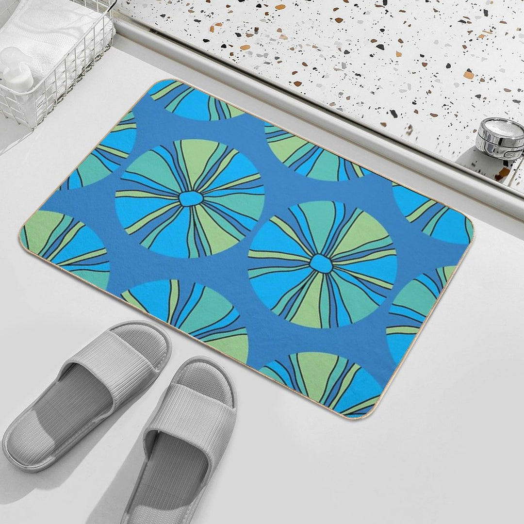 Modern Blue And Green Flower on Blue Durable Bath Mat