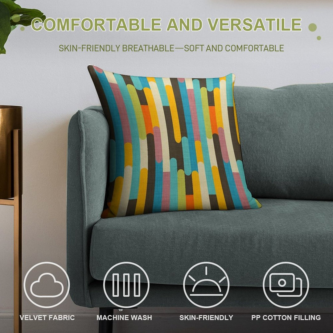 Retro Color Block Popsicle Sticks Blue Soft Washable Throw Pillow