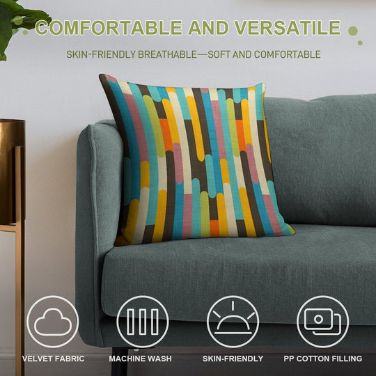 Retro Color Block Popsicle Sticks Blue Soft Washable Throw Pillow