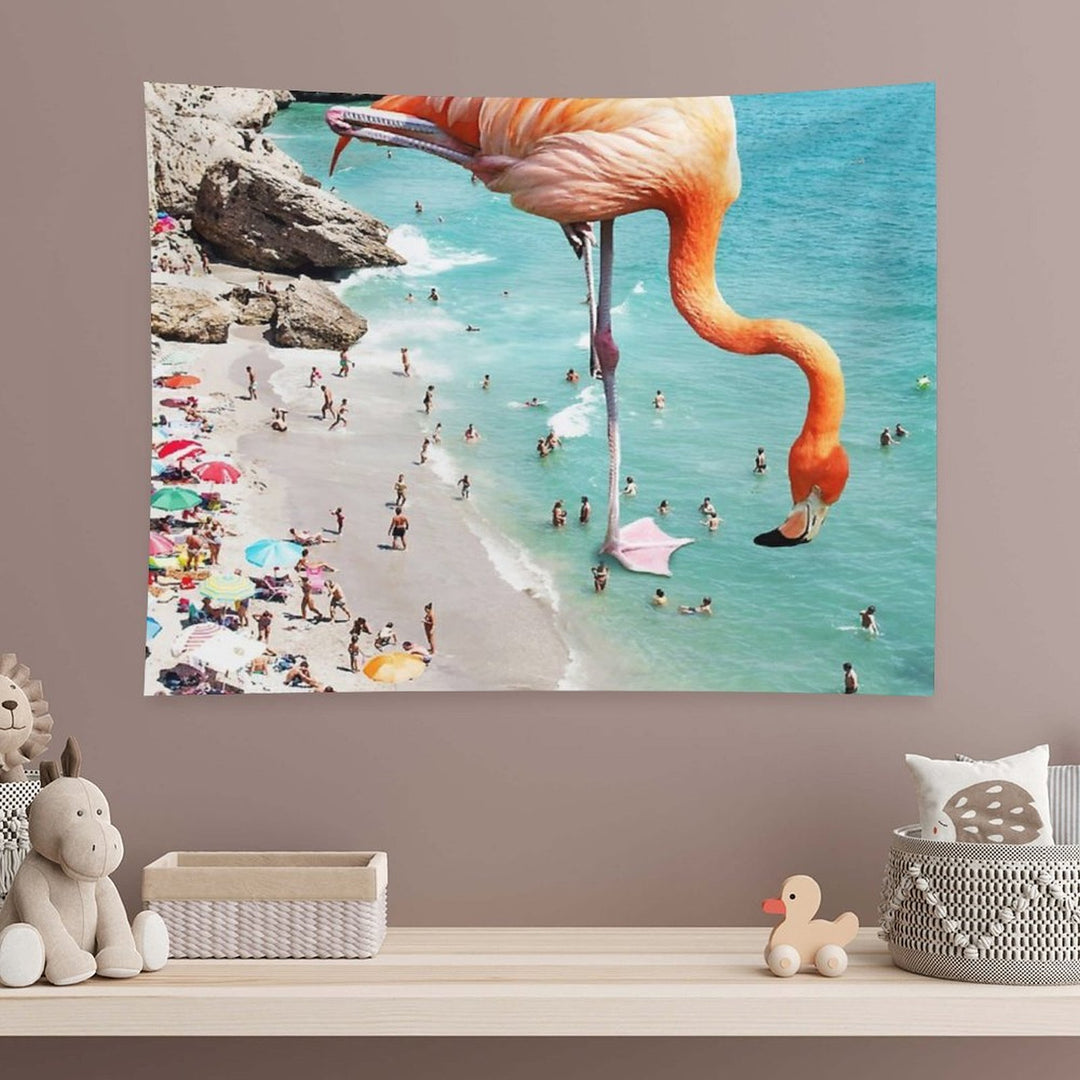 Flamingos on The Beach, Wildlife Surrealism Birds, Nature Flamingo Fantasy Beach Summer Photography Tapestry