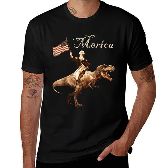 George Washington Riding A Tyrannosaurus Rex Merica  Polyester Blend T-Shirt