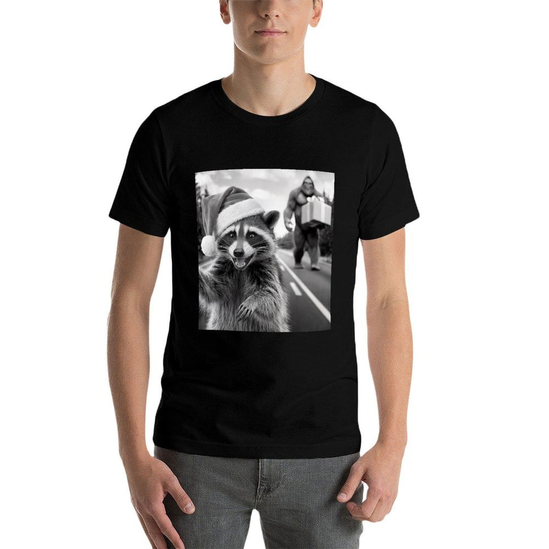 Funny Christmas Raccoon Raccoon Selfie With Bigfoot  Ribbed Collar T-Shirt