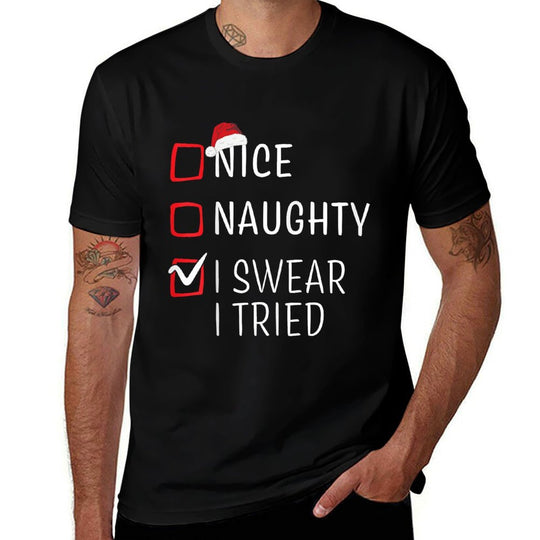 Funny Naughty Nice Christmas Family Pajama Men Women Kids  Fade-proof Color T-Shirt