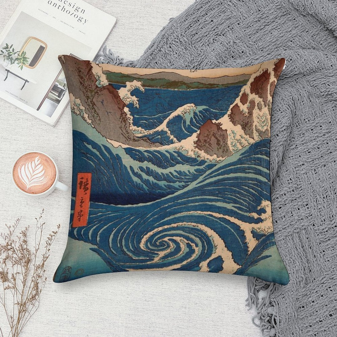 JAPAN UKIYO-E UTAGAWA HIROSHIGE WAVES Soft Reinforced Edging Throw Pillow