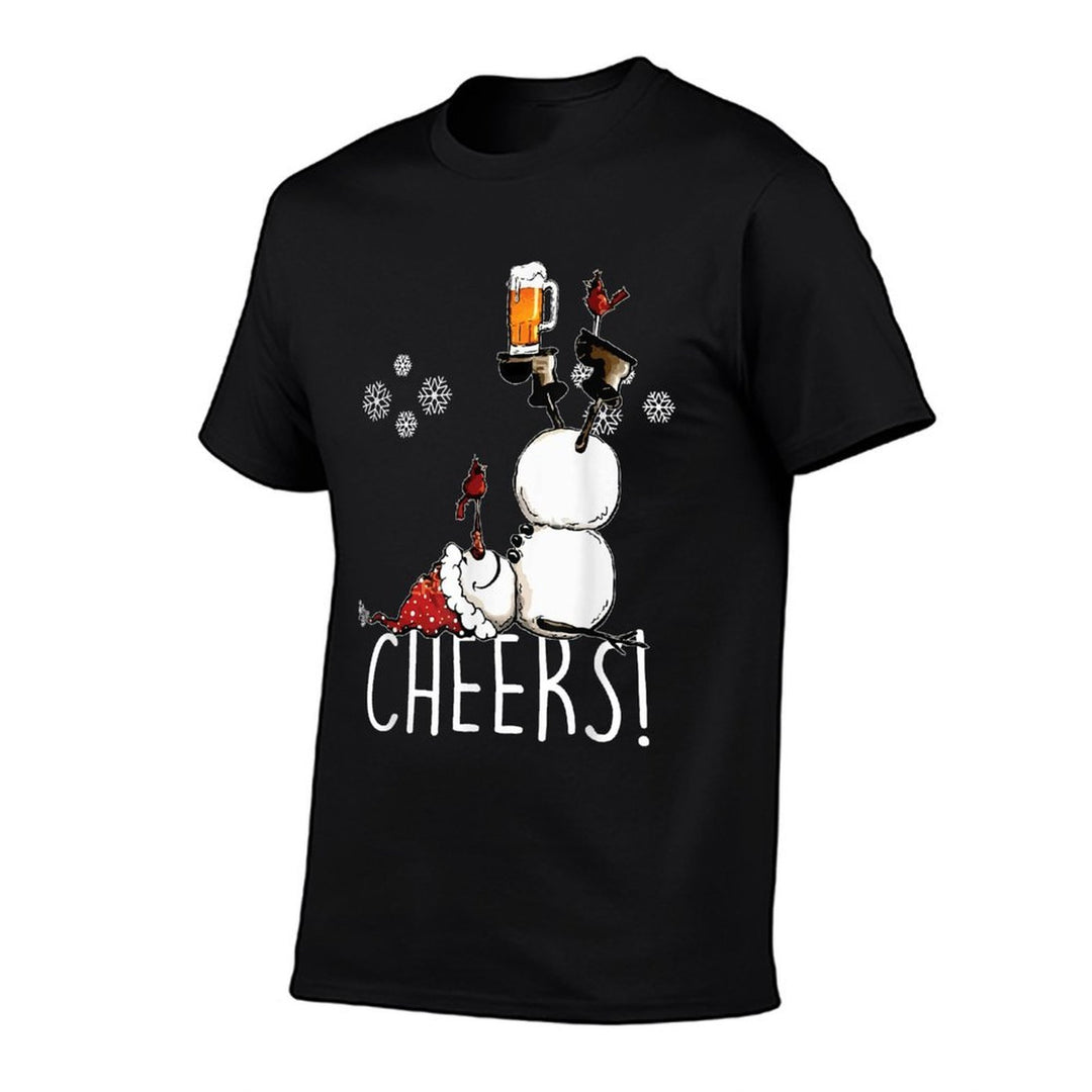 Cheers Snowman Beer And Wine Christmas  Ribbed Collar T-Shirt