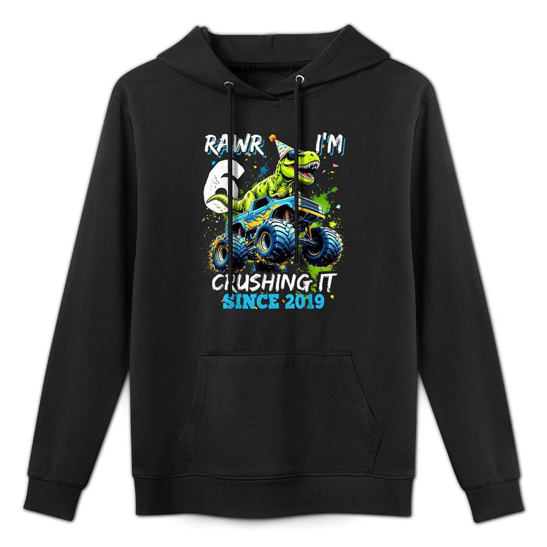 6th Birthday Monster Truck Dinosaur Party Boys Rawr I'm 6 Shape Retention Hoodie