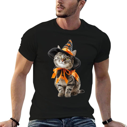 Cat Wearing Witch Wizard Costume Funny Halloween Graphic  Vintage-inspired T-Shirt