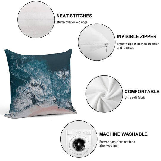 Aerial Beach Print - Aerial Ocean Photo - Words - Pink Sand - Sea Travel Photography by Ingrid Beddoes Soft Short Plush Fabric Throw Pillow