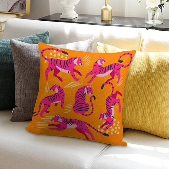 Pink Tigers on Orange Soft High-Density Material Throw Pillow